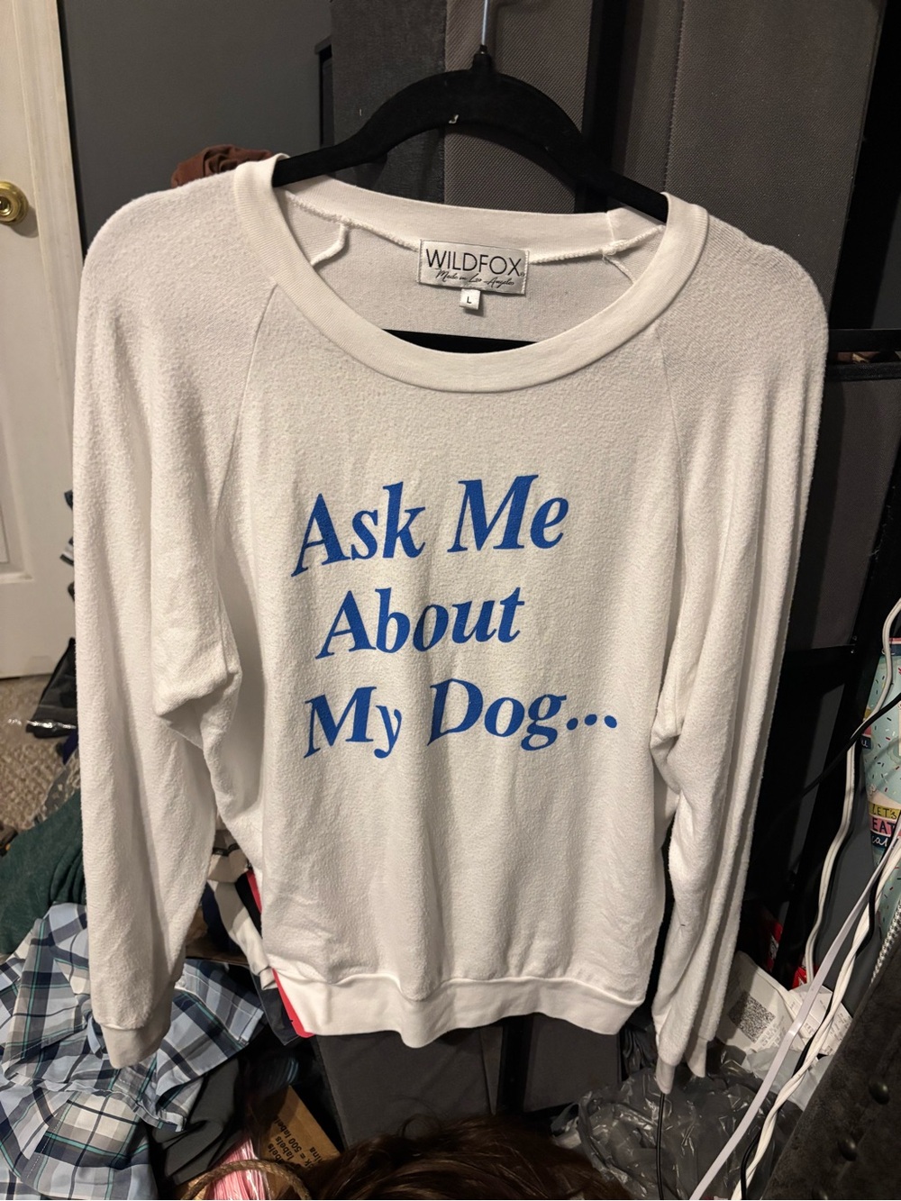 Wildfox White Pullover with Blue 'Ask Me About My Dog' Graphic